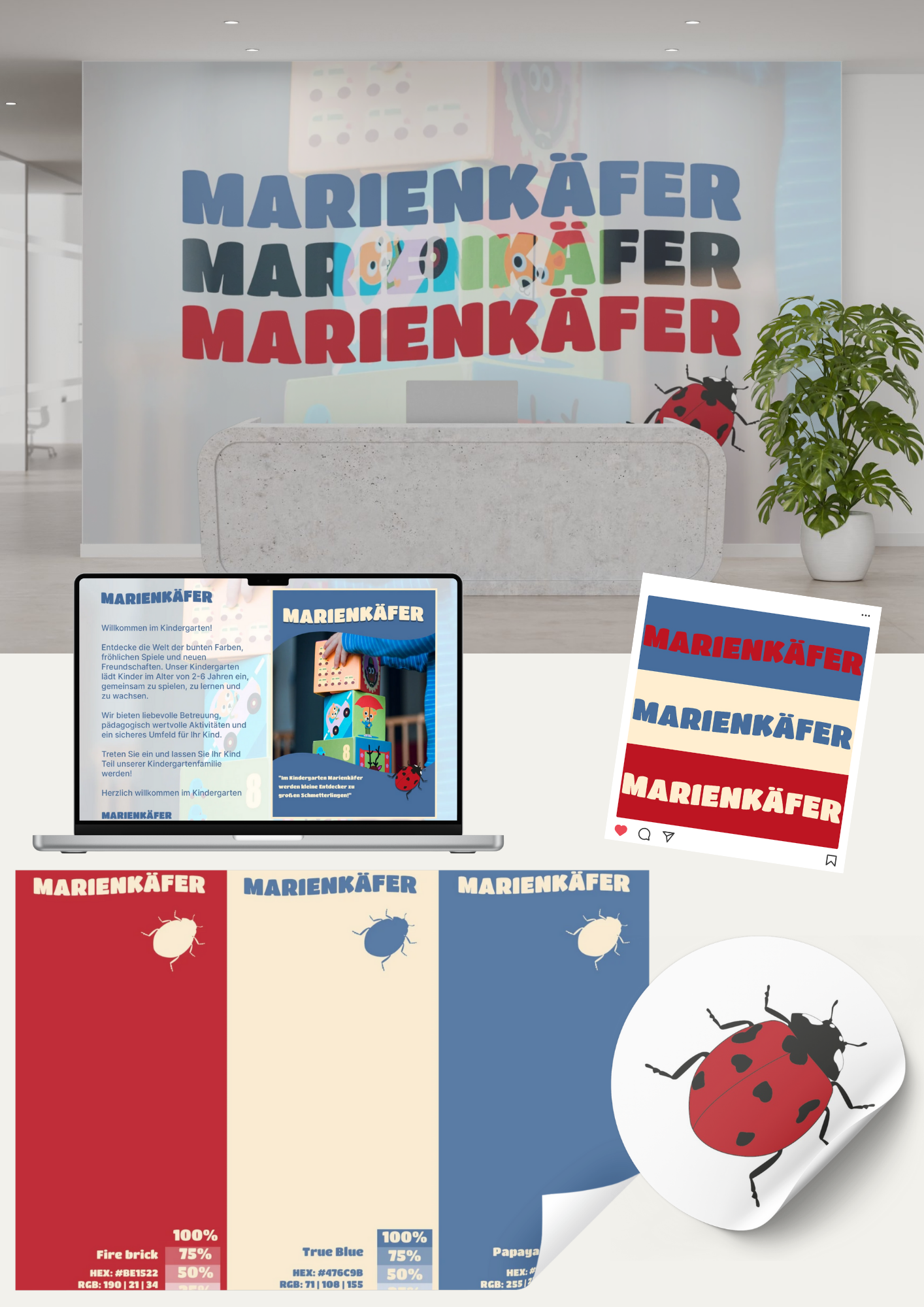 Dieses Bild zeigt das Logo aus dem Kindergarten Marienkäfer mit verschiedenen Mockups